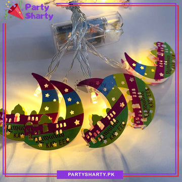 Ramadan Kareem Printed Multi Color Crescent With Masjid Shaped Led Metal String Light For Ramadan Decoration And Celebration